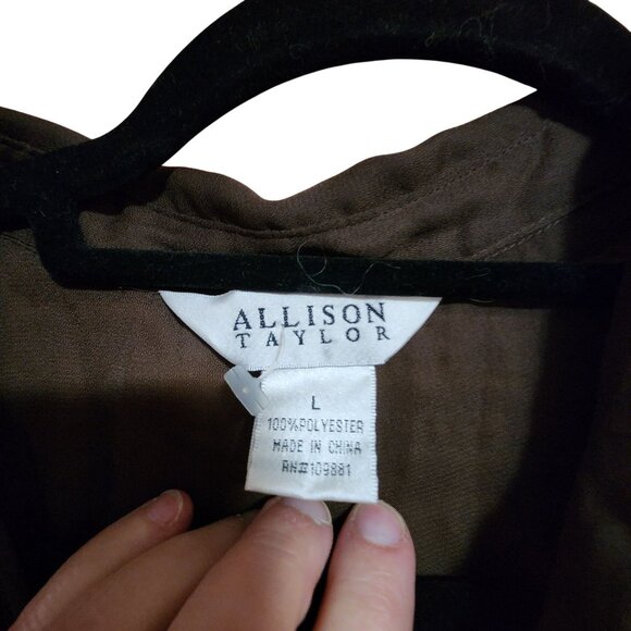 Allison Taylor Brown Short Sleeve Button Front Blouse Womens L 100% Polyester Li - Picture 3 of 3